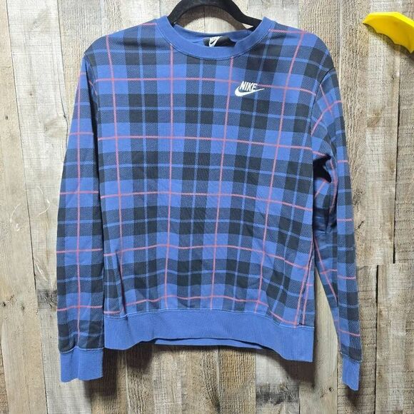 Nike Women's Size XS Plaid Tartan Crew Neck Logo Sweatshirt Blue Black - Picture 2 of 6